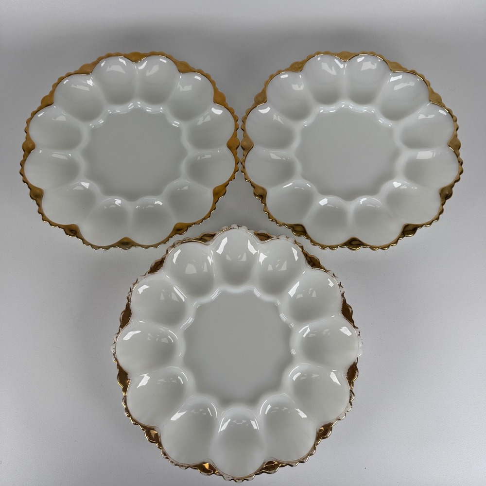 Vintage Milk Glass Deviled Egg Plates Gold Trim Scalloped Edge Lot of 3 10 inch